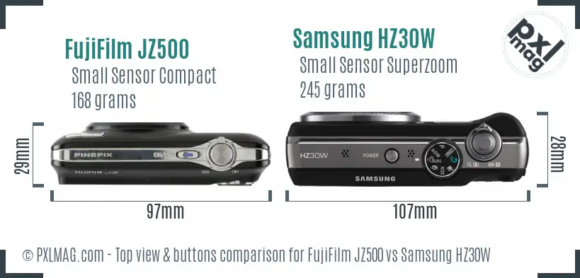 FujiFilm JZ500 vs Samsung HZ30W top view buttons comparison