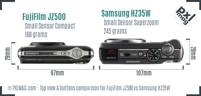 FujiFilm JZ500 vs Samsung HZ35W top view buttons comparison