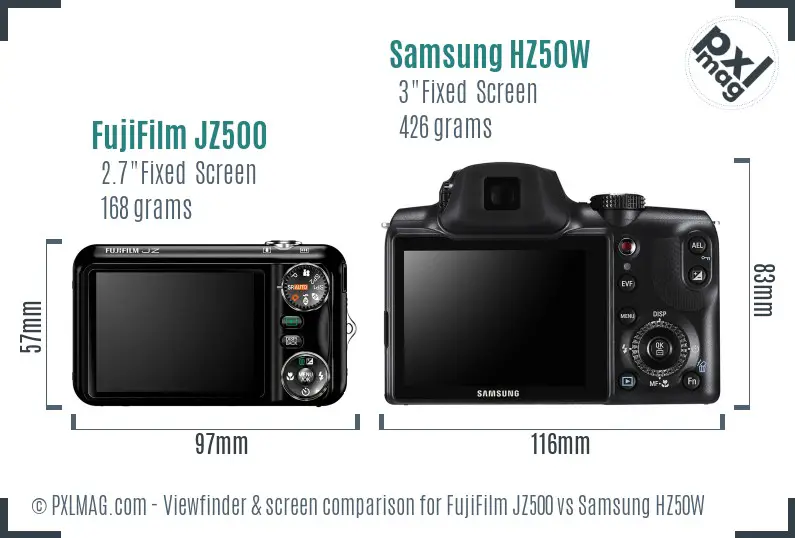 FujiFilm JZ500 vs Samsung HZ50W Screen and Viewfinder comparison