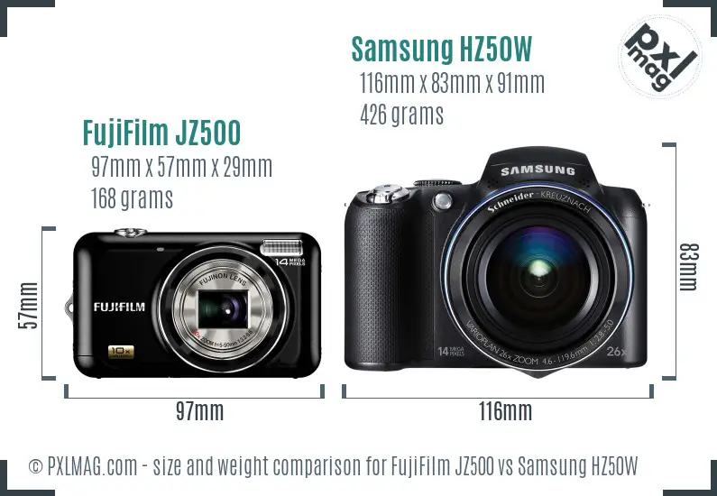 FujiFilm JZ500 vs Samsung HZ50W size comparison