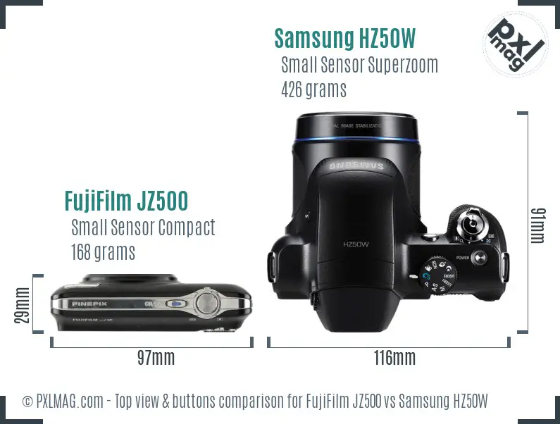 FujiFilm JZ500 vs Samsung HZ50W top view buttons comparison