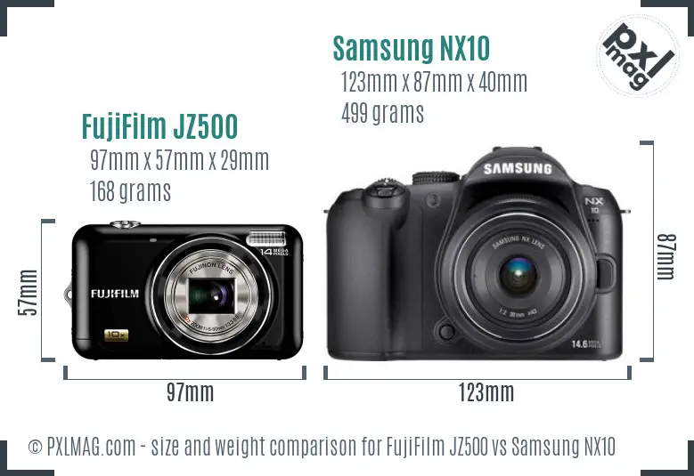 FujiFilm JZ500 vs Samsung NX10 size comparison FujiFilm JZ500 vs Samsung NX10 size comparison