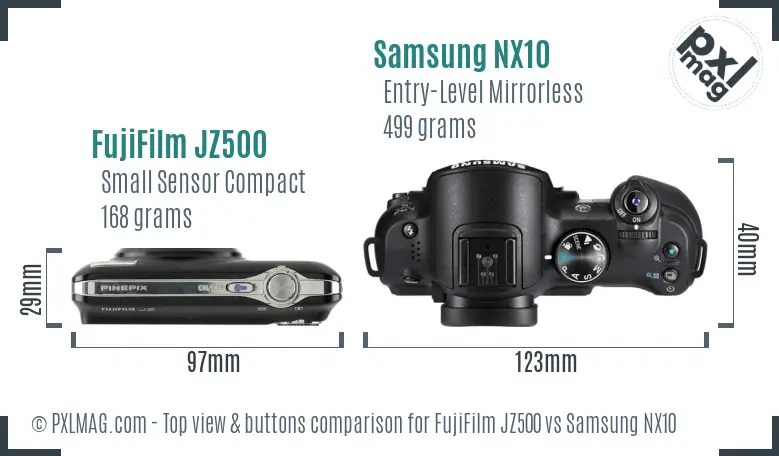 FujiFilm JZ500 vs Samsung NX10 top view buttons comparison FujiFilm JZ500 vs Samsung NX10 top view buttons comparison