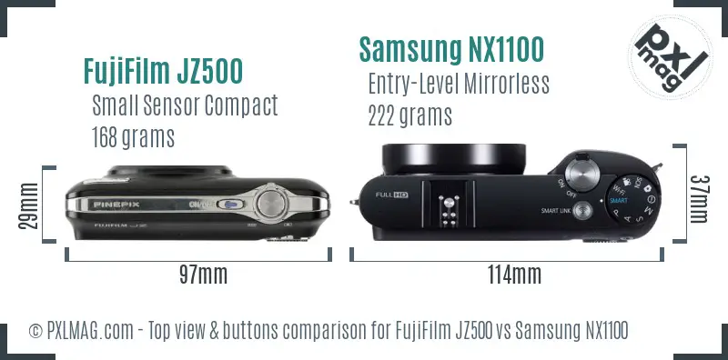 FujiFilm JZ500 vs Samsung NX1100 top view buttons comparison
