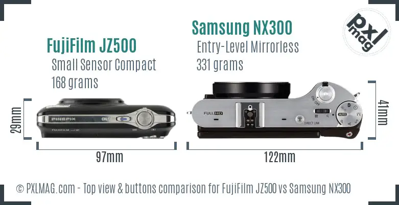 FujiFilm JZ500 vs Samsung NX300 top view buttons comparison FujiFilm JZ500 vs Samsung NX300 top view buttons comparison