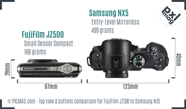 FujiFilm JZ500 vs Samsung NX5 top view buttons comparison