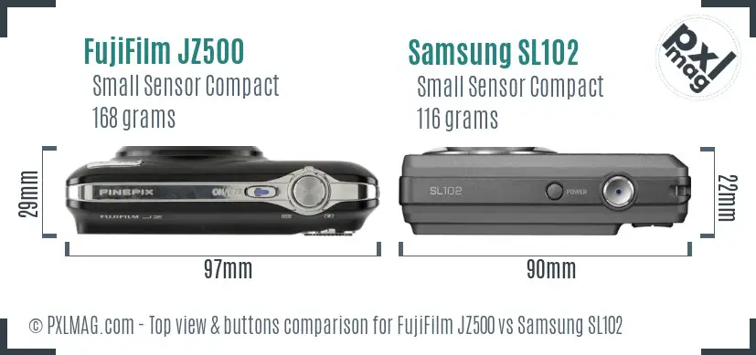 FujiFilm JZ500 vs Samsung SL102 top view buttons comparison