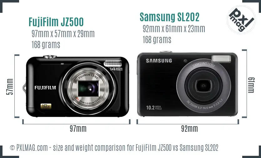 FujiFilm JZ500 vs Samsung SL202 size comparison