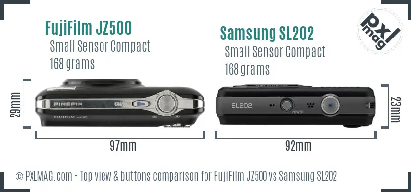 FujiFilm JZ500 vs Samsung SL202 top view buttons comparison