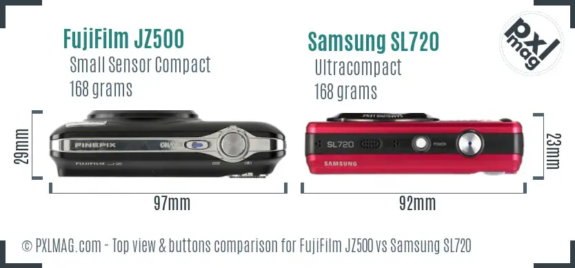 FujiFilm JZ500 vs Samsung SL720 top view buttons comparison