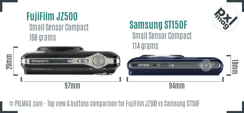 FujiFilm JZ500 vs Samsung ST150F top view buttons comparison FujiFilm JZ500 vs Samsung ST150F top view buttons comparison