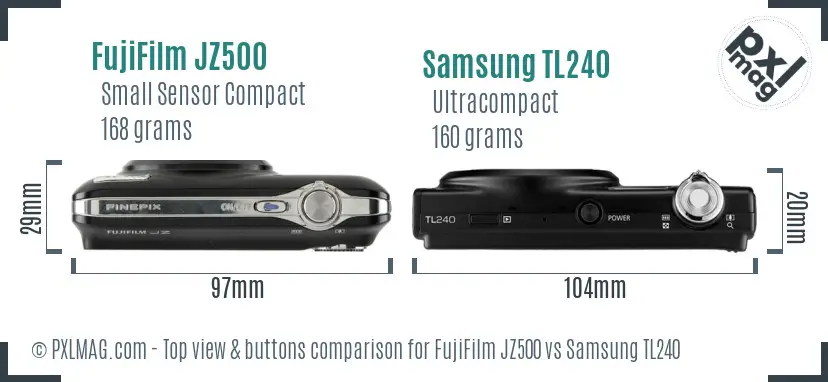 FujiFilm JZ500 vs Samsung TL240 top view buttons comparison FujiFilm JZ500 vs Samsung TL240 top view buttons comparison