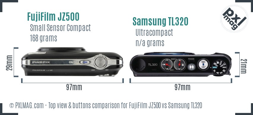 FujiFilm JZ500 vs Samsung TL320 top view buttons comparison