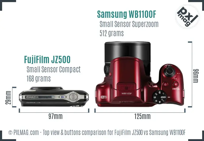 FujiFilm JZ500 vs Samsung WB1100F top view buttons comparison