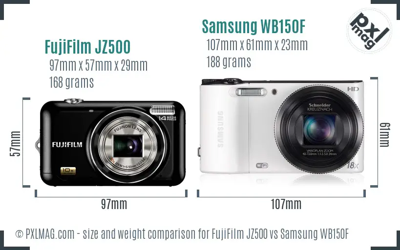 FujiFilm JZ500 vs Samsung WB150F size comparison
