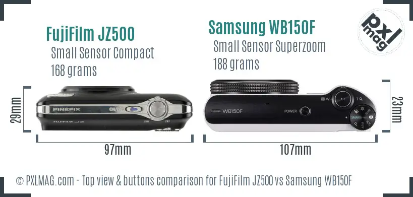 FujiFilm JZ500 vs Samsung WB150F top view buttons comparison
