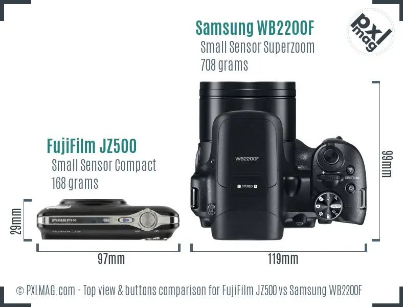 FujiFilm JZ500 vs Samsung WB2200F top view buttons comparison