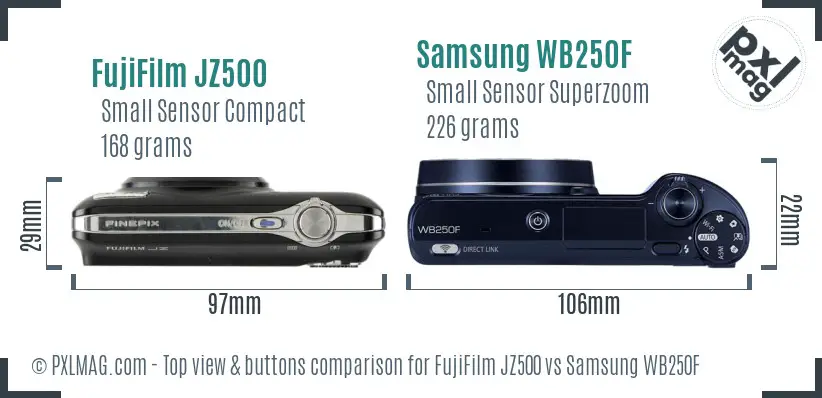 FujiFilm JZ500 vs Samsung WB250F top view buttons comparison