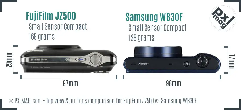 FujiFilm JZ500 vs Samsung WB30F top view buttons comparison FujiFilm JZ500 vs Samsung WB30F top view buttons comparison