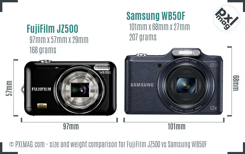 FujiFilm JZ500 vs Samsung WB50F size comparison FujiFilm JZ500 vs Samsung WB50F size comparison