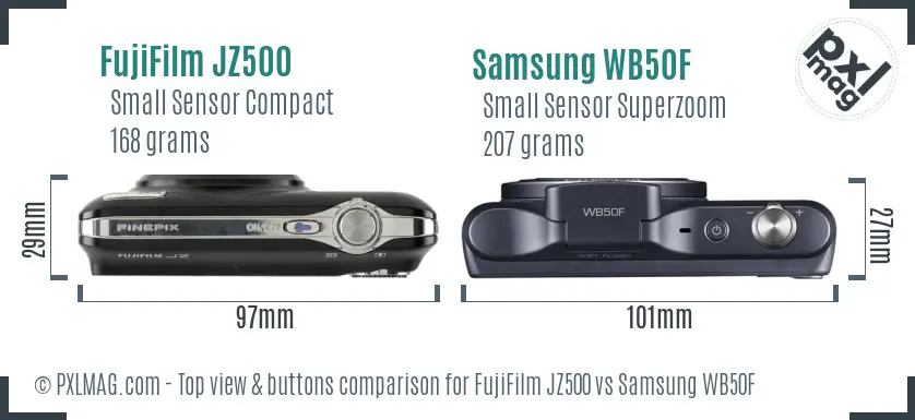 FujiFilm JZ500 vs Samsung WB50F top view buttons comparison FujiFilm JZ500 vs Samsung WB50F top view buttons comparison