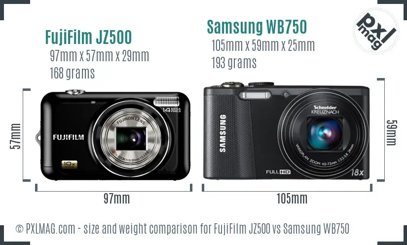 FujiFilm JZ500 vs Samsung WB750 size comparison