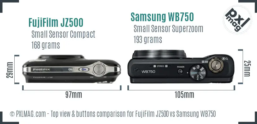 FujiFilm JZ500 vs Samsung WB750 top view buttons comparison