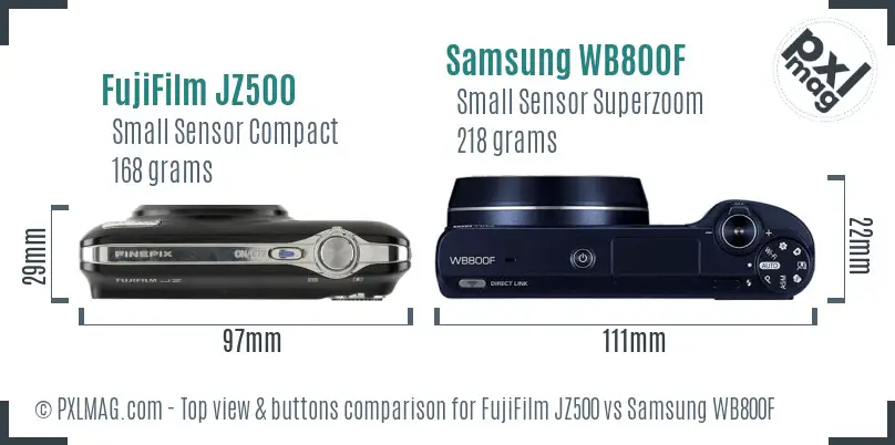 FujiFilm JZ500 vs Samsung WB800F top view buttons comparison FujiFilm JZ500 vs Samsung WB800F top view buttons comparison