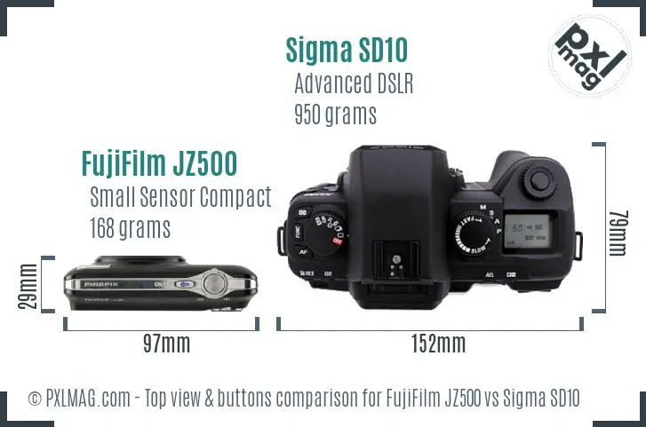 FujiFilm JZ500 vs Sigma SD10 top view buttons comparison