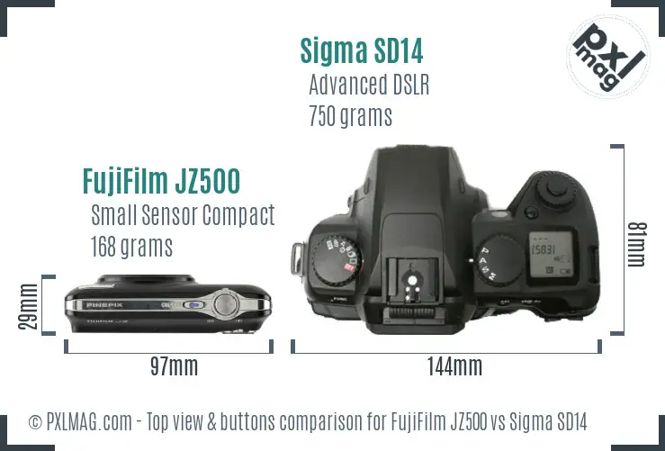 FujiFilm JZ500 vs Sigma SD14 top view buttons comparison