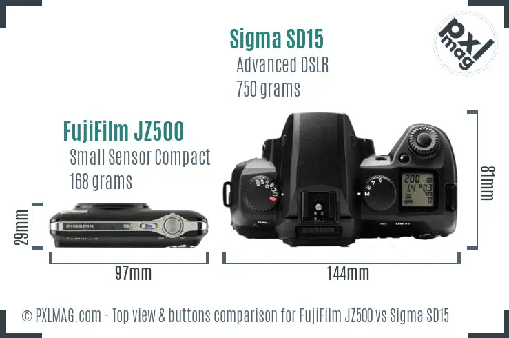 FujiFilm JZ500 vs Sigma SD15 top view buttons comparison