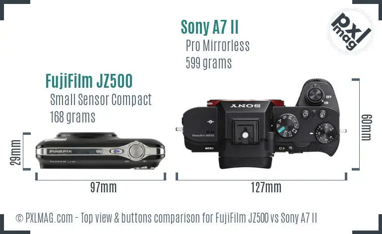FujiFilm JZ500 vs Sony A7 II top view buttons comparison FujiFilm JZ500 vs Sony A7 II top view buttons comparison