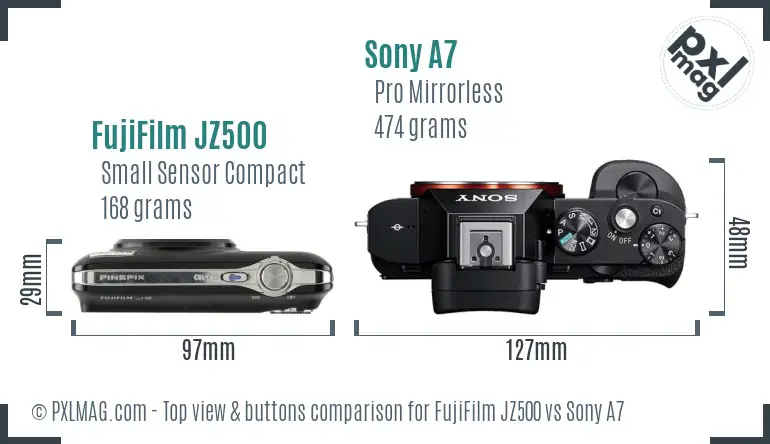 FujiFilm JZ500 vs Sony A7 top view buttons comparison