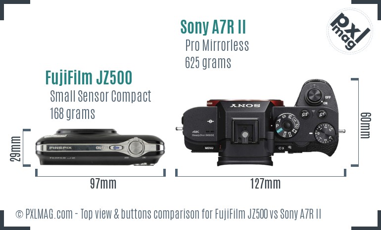 FujiFilm JZ500 vs Sony A7R II top view buttons comparison