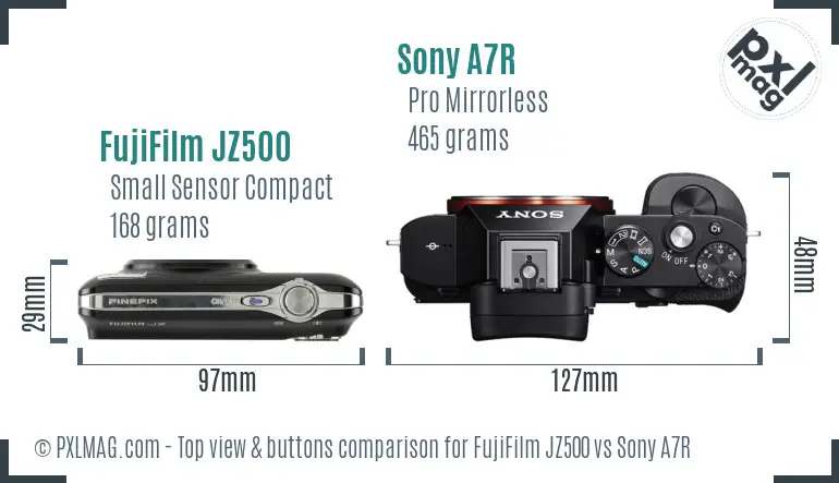 FujiFilm JZ500 vs Sony A7R top view buttons comparison