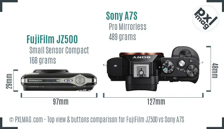 FujiFilm JZ500 vs Sony A7S top view buttons comparison