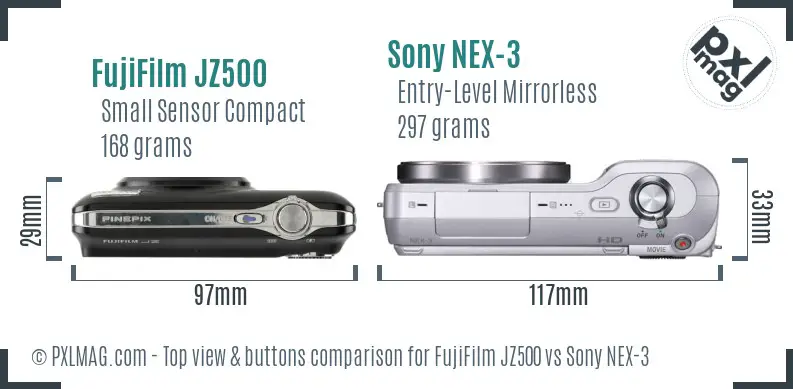 FujiFilm JZ500 vs Sony NEX-3 top view buttons comparison
