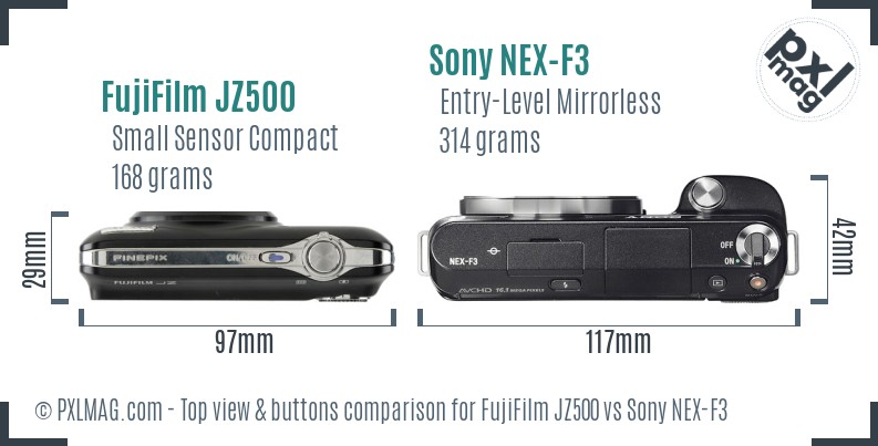 FujiFilm JZ500 vs Sony NEX-F3 top view buttons comparison