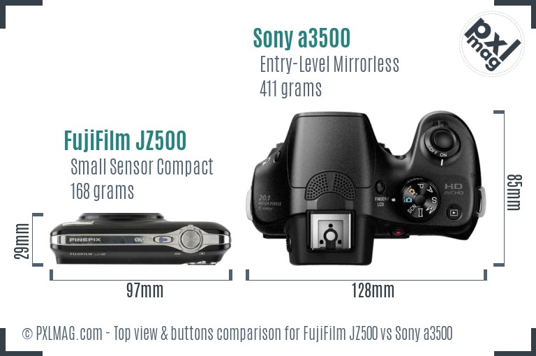 FujiFilm JZ500 vs Sony a3500 top view buttons comparison