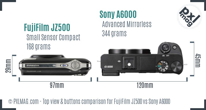 FujiFilm JZ500 vs Sony A6000 top view buttons comparison