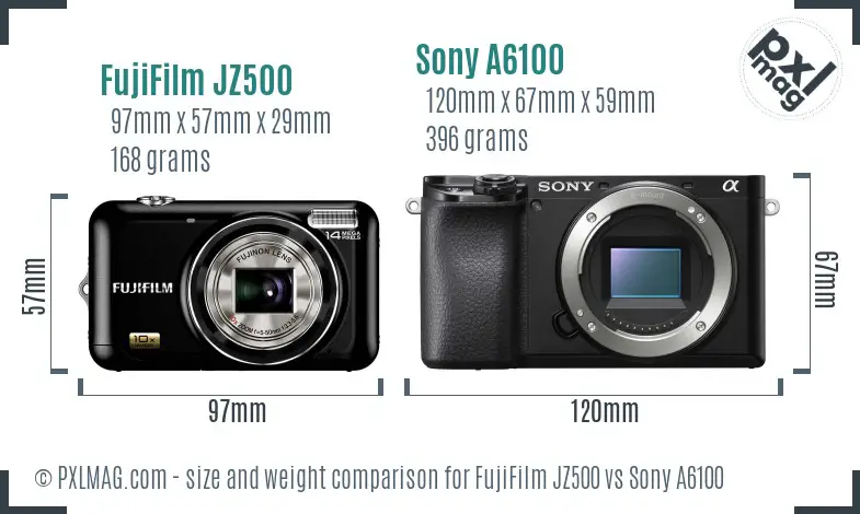 FujiFilm JZ500 vs Sony A6100 size comparison
