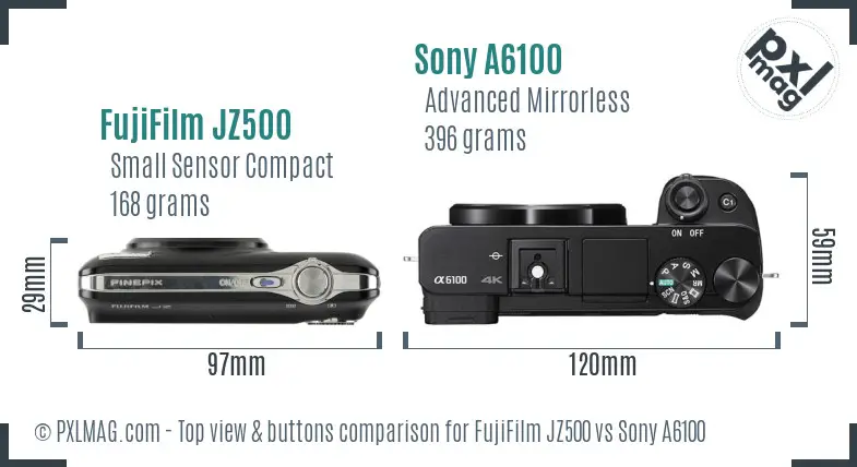 FujiFilm JZ500 vs Sony A6100 top view buttons comparison