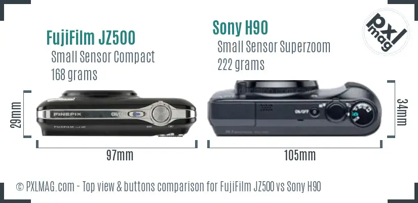 FujiFilm JZ500 vs Sony H90 top view buttons comparison FujiFilm JZ500 vs Sony H90 top view buttons comparison