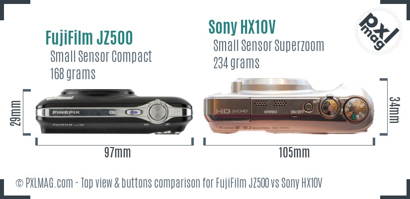 FujiFilm JZ500 vs Sony HX10V top view buttons comparison