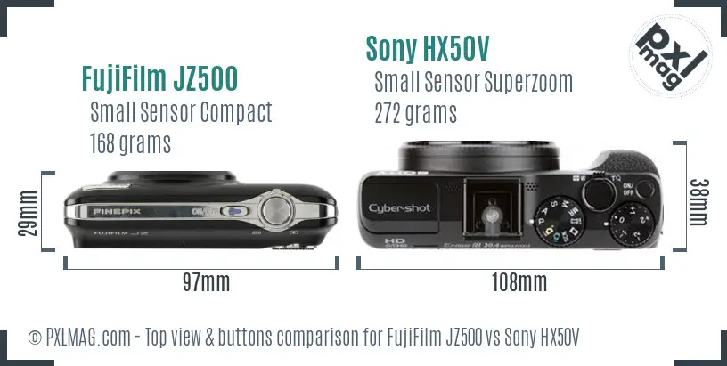 FujiFilm JZ500 vs Sony HX50V top view buttons comparison