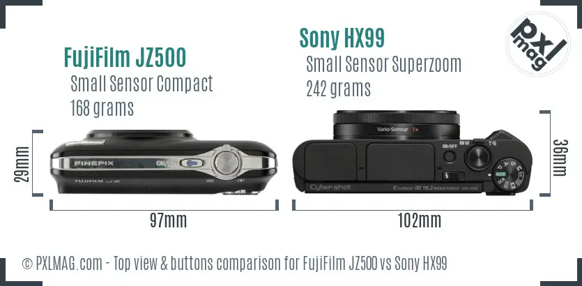 Top view design and control layout comparison between FujiFilm JZ500 and Sony HX99