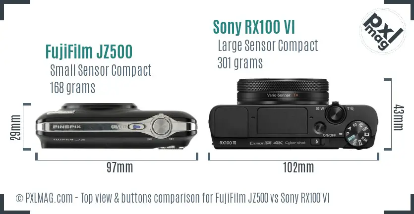 FujiFilm JZ500 vs Sony RX100 VI top view buttons comparison
