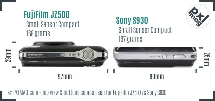 FujiFilm JZ500 vs Sony S930 top view buttons comparison FujiFilm JZ500 vs Sony S930 top view buttons comparison
