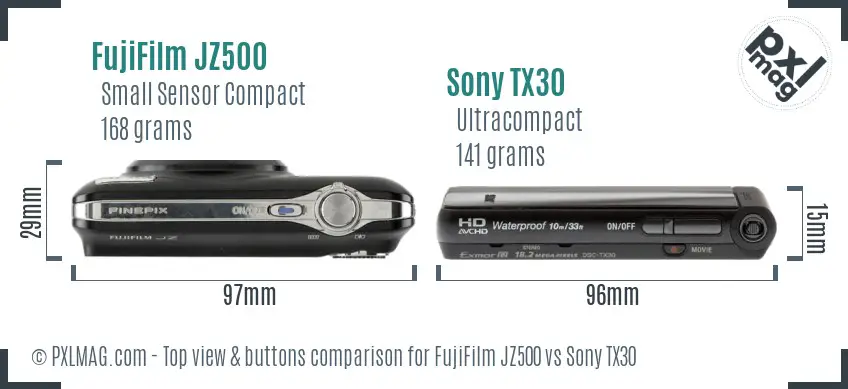FujiFilm JZ500 vs Sony TX30 top view buttons comparison