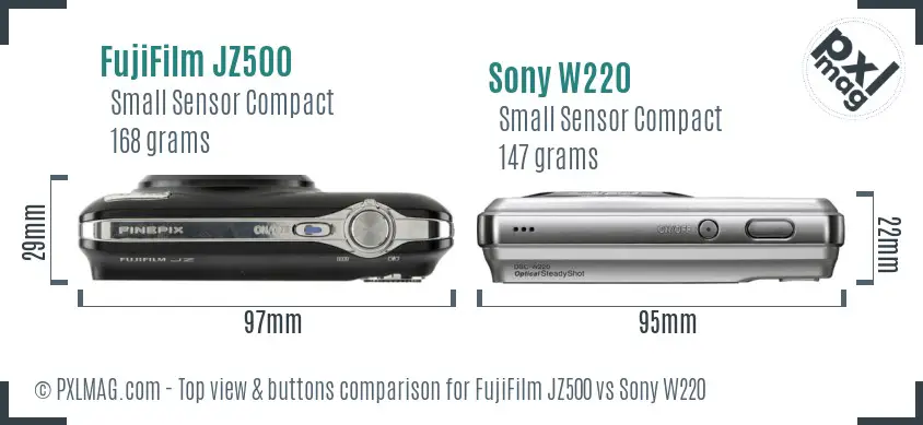 FujiFilm JZ500 vs Sony W220 top view buttons comparison